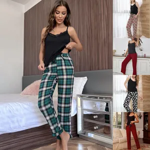 Women's Sexy Lace Trim Camisole Top And Long Pants Pajama Set Summer Sleepwear Loungewear