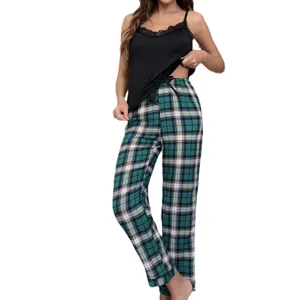 Women sexy lace camisole and green plaid pajama pants sleepwear set summer lounge wear