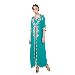 Elegant teal long kaftan maxi dress with intricate embroidery for women daily wear.