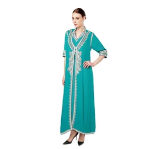Elegant teal long caftan dress with intricate white embroidery, v-neck design and classic fit.
