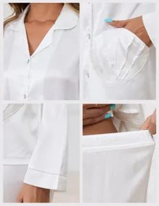 Weißer Satin Seide Pyjama Set für Damen, Langarm Nachtwäsche mit Tasche und Elastikbund.