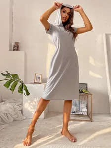 Comfortable grey hooded short sleeve lounge dress for women, casual daily wear style.