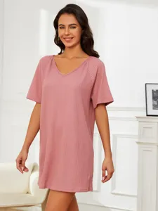 Femme chemise de nuit gaufre manches courtes couleur unie vetement detente confortable ete