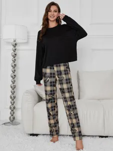 Women long sleeve pajama set casual black top and plaid printed pants loungewear.
