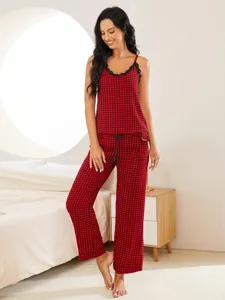 Set pigiama a quadri rossi e neri con finiture in pizzo e pantaloni lunghi per donna