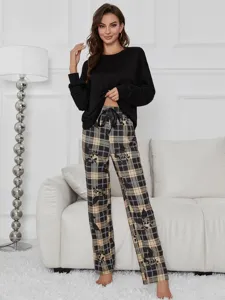 Women's long sleeve pajama set black top plaid floral pants casual loungewear sleepwear