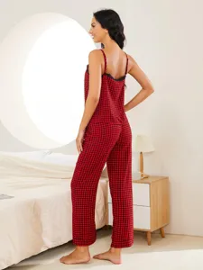 Set pigiama donna a quadri rosso e nero con canotta e pantaloni lunghi abbigliamento casa