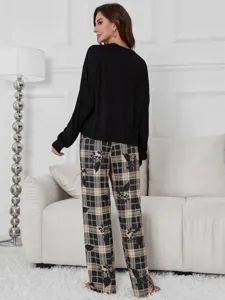 Women autumn winter long sleeve loungewear set with plant print pants, casual home wear.