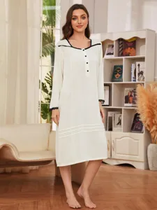 Femme chemise de nuit manches longues vetement de nuit uni dentelle garniture robe de maison