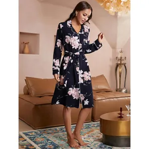 Dames V-Hals Langarm Bloemenprint Slaaprobe Nachthemd met Riem Comfortabele Loungewear