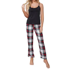 Set pigiama da donna in due pezzi con top a canotta nero in pizzo e pantaloni a quadri