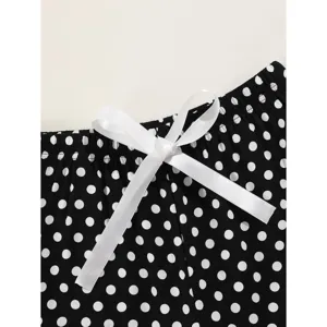 Black and white polka dot womens home sleep shorts with cute white ribbon bow waistband.