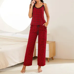 Set Pigiama Cami Donna Viscosa A Quadri Top Senza Maniche E Pantaloni Lunghi Abbigliamento Notte Morbido Pizzo