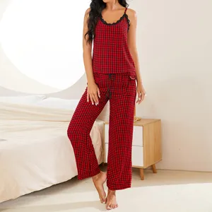 Donna set pigiama quadri rosso nero canotta e pantaloni lunghi abbigliamento notte