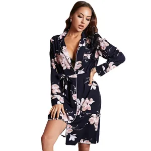 Dames Bloemenprint Lange Mouw V-Hals Nachtjapon Sexy Met Riem Badjas Nachtkleding