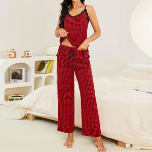 Set da notte a quadri rosso e nero con tasche, comodo abbigliamento da casa per donna.