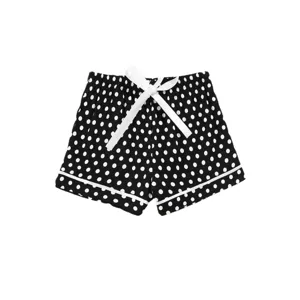 Black and white polka dot pajama shorts with cute bow tie, lightweight summer home wear.