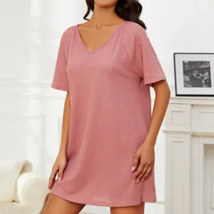 Robe de Nuit Femme en Maille Gaufree Manches Courtes Col V Confortable Ete Loisir