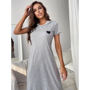 Women grey short sleeve hooded nightgown casual loungewear dress comfortable sleepwear