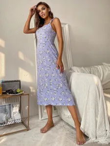 Femme été floral bretelles spaghetti chemise de nuit robe midi décontractée maison