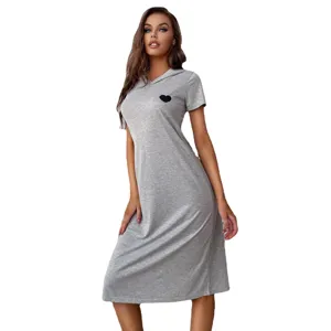 Women's gray short sleeve hooded nightgown casual midi sleep dress comfortable loungewear.