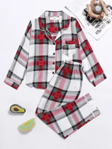 Kids plaid pajama set long sleeve button up sleepwear with chic red green check pattern detail view