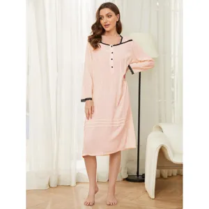 Chemise de Nuit Femme Manches Longues Rose Robe de Nuit Dentelle Vêtement de Maison