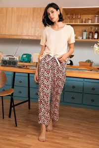 Women short sleeve V-neck top and leopard print long pants pajama lounge set summer