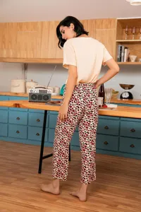 Women's short sleeve loungewear two piece set, casual summer sleepwear with leopard print pants.