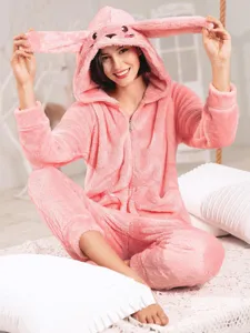 Pijama mameluco de peluche rosa con capucha para mujer, ropa de casa cálida de manga larga.