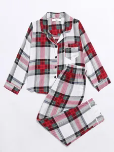 Kids red plaid long sleeve pajama set with pocket and button closure for comfortable home wear.
