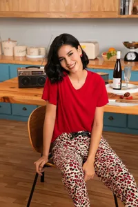 Women summer pajama set with red short sleeve V-neck top and leopard print pants home wear