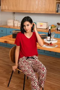 Women's Two-Piece Pajamas Set with Short Sleeve Top and Leopard Print Pants Detail