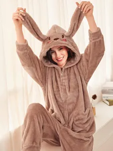 Pijama mameluco de felpa para mujer con capucha orejas de conejo ropa de dormir de invierno