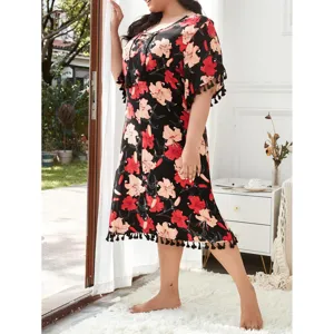 Plus size floral print short sleeve nightgown for women comfortable summer sleep dress indoor wear