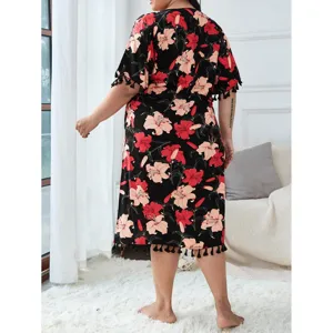 Plus size floral print short sleeve nightdress with fringe hem for women summer sleepwear