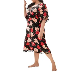 Plus size floral print short sleeve nightgown with lace up V neck and tassel hemline.