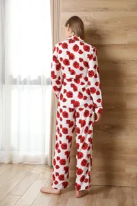 Damen Blumen langarm Pyjama Set zweiteilige Loungewear Vintage Nachtwaesche Herbst Winter