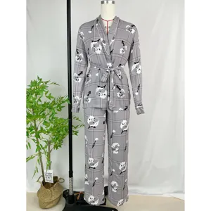 Women Long Sleeve Pajama Set Casual Plaid Sleepwear with Belt Fall Winter Lounge Wear