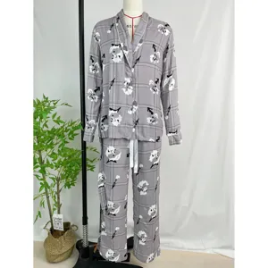 Women grey plaid floral long sleeve pajama set with drawstring pants for cozy home wear.