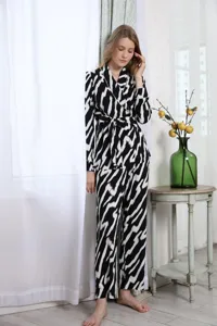 Damen Pyjama Set Langarm Nachtwäsche mit Zebramuster bequeme Hausanzug Loungewear für Damen
