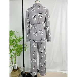 Women's long sleeve pajama set grey floral grid loungewear autumn winter sleepwear