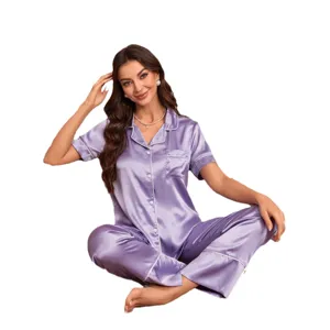 Dames Zijde Satijn Pyjama Korte Mouw Top Lange Broek Nachtkleding Set Zomer Loungewear