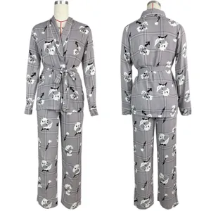 Women grey plaid floral print long sleeve pajama set with belt for autumn winter.