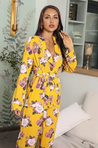Damen Blumenmuster Langarm Pyjama Set mit Gürtel Hose Nachtwäsche Hausanzug gemütlich