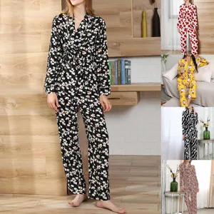 Damen Floral Bedruckt Langarm Viskose Pyjama Oberteil Und Unterteil V-Ausschnitt Offene Front Cardigan Nachtwäsche