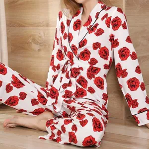Damen Herbst Winter Blumenmuster Langarm Pyjama Set bequeme Nachtwäsche Hausanzug