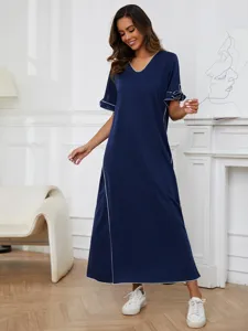 Damen langes dunkelblaues Kleid Kurzarm V-Ausschnitt mit Schleife Detail elegante Modebekleidung