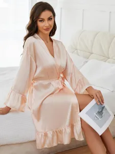 Women solid satin long sleeve sleepwear v-neck bathrobe with belt and ruffle hem soft lounge dress