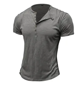 Men's casual short sleeve Henley t-shirt slim fit solid color summer muscle top XL